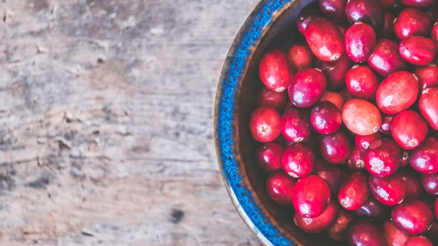 A bowl of fresh cranberries